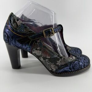 Spring Step L'Artiste Womens Blue Floral Metallic T-Strap Heels Pumps Size 37